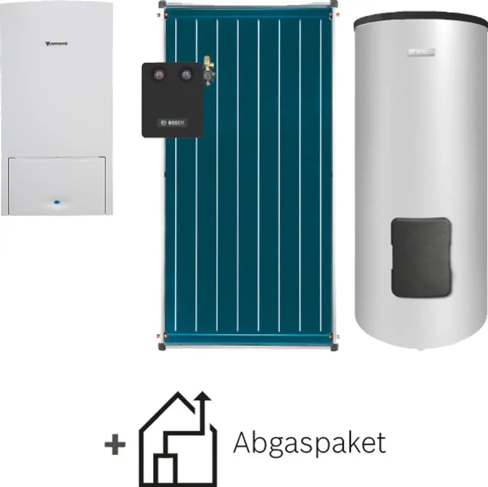 Kombination aus einem weißen Heizgerät, einem blauen Solarkollektor und einem silbernen Pufferspeicher, mit einer Steuerungseinheit von Bosch in der Mitte.